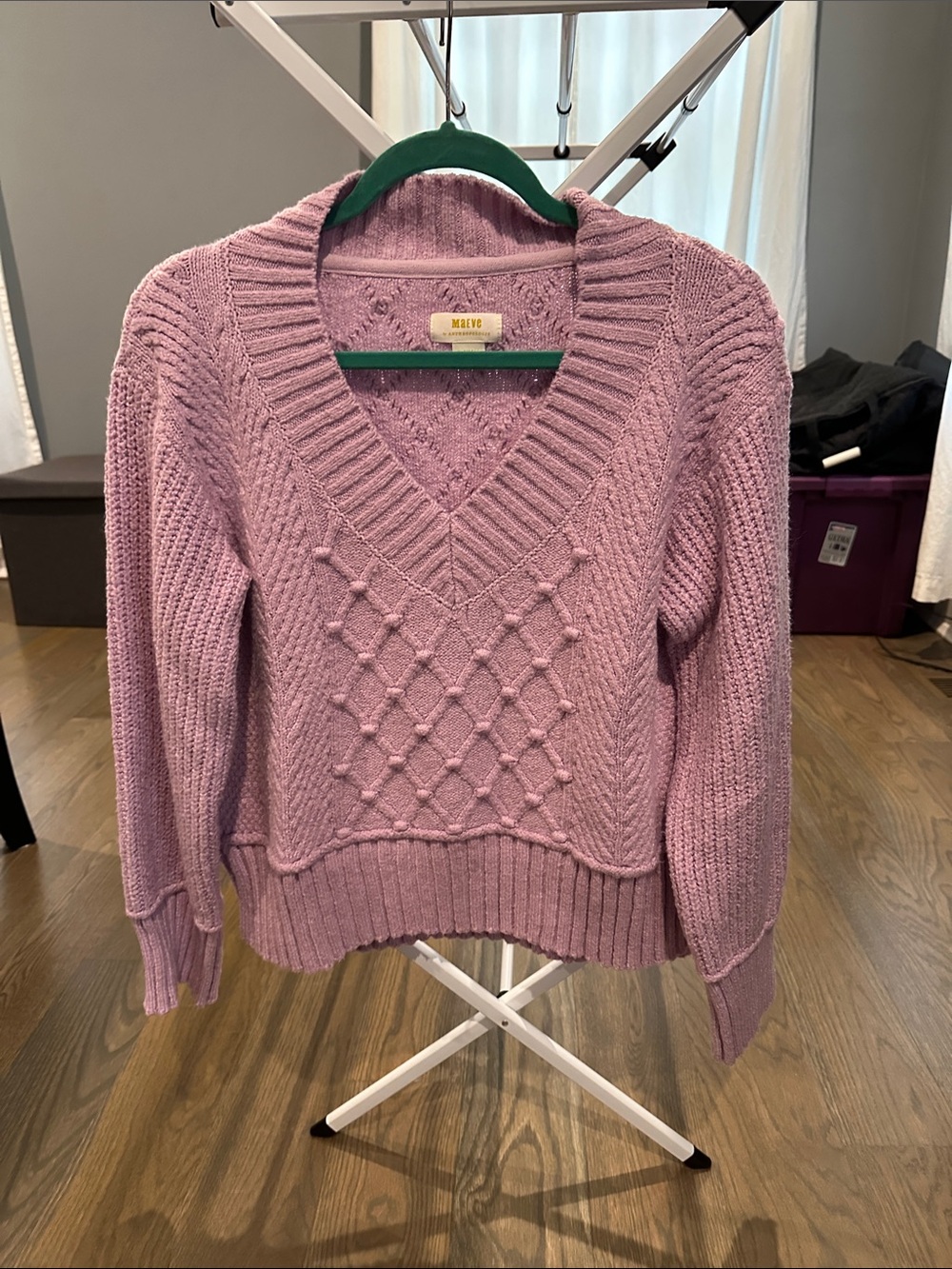 Maeve Pastel Lilac Cable Bobble V-Neck Sweater-Anthropologie